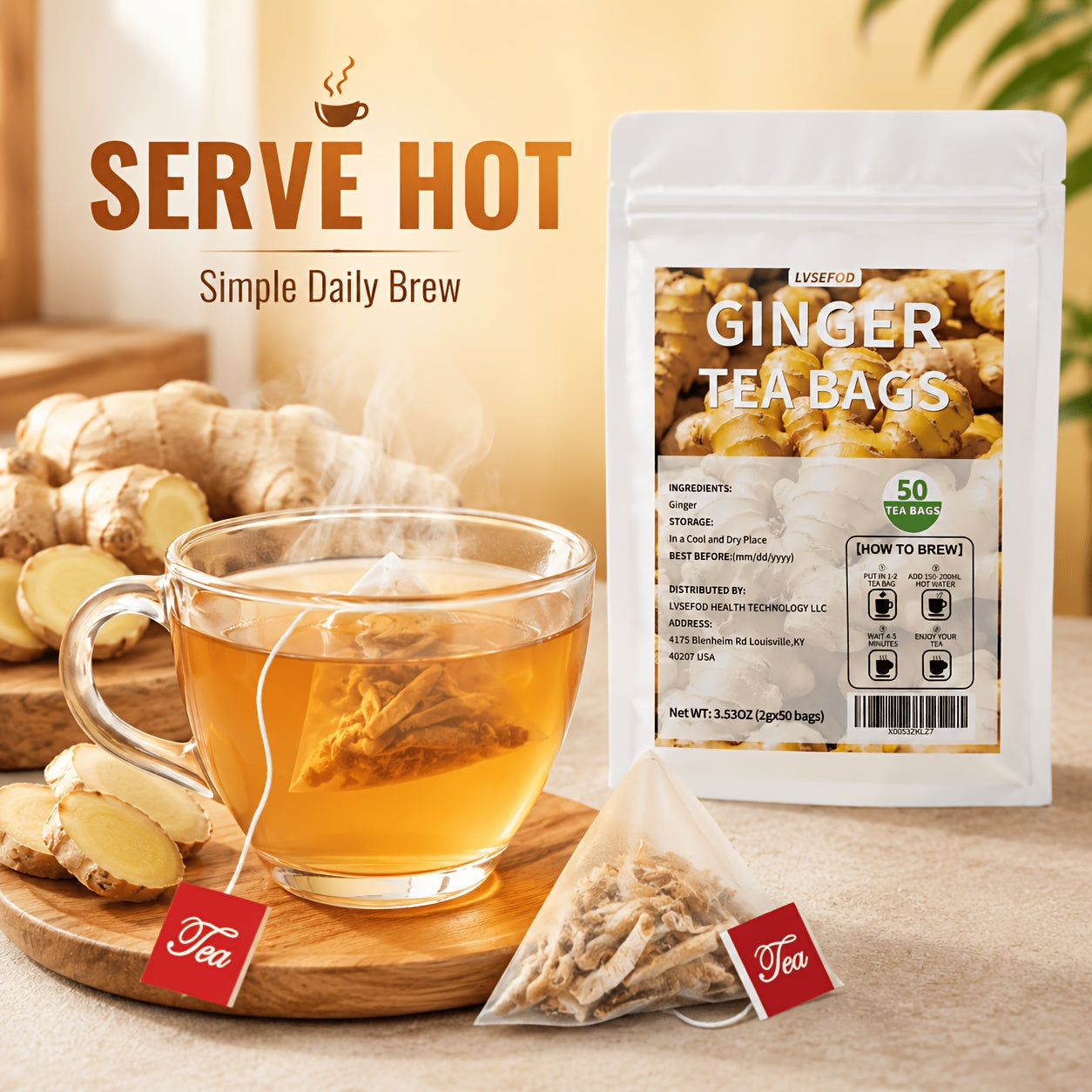 LVSEFOD Ginger Tea Bags, 50 Count, 3.53 oz, Single Ingredient Ginger Herbal Tea Bags, Easy Hot Brew Tea for Daily Tea Time