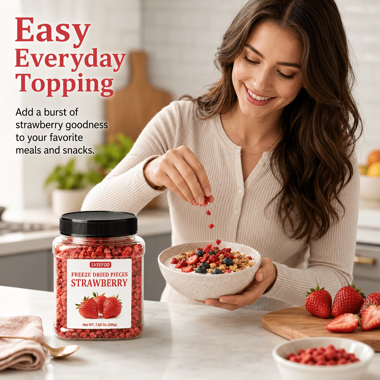 LVSEFOD Freeze Dried Strawberry Pieces, 7.05 oz / 200g, Crispy Dried Strawberry Fruit Bits, Strawberry Topping for Yogurt, Oatmeal, Cereal, Smoothies, Baking and Desserts