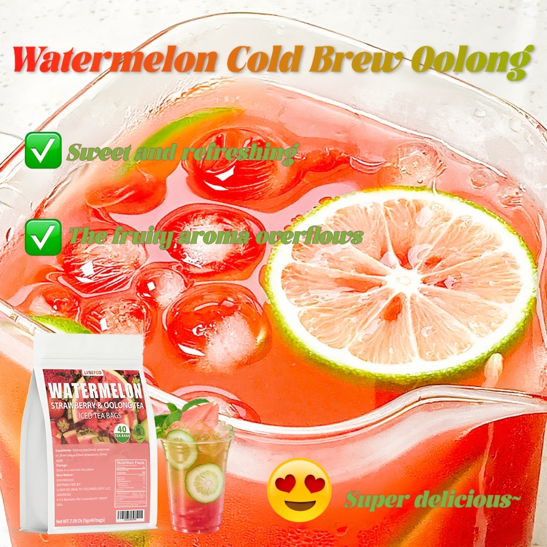 LVSEFOD Watermelon Oolong Tea 7.05 Oz (5G X 40 Packets) Apple, Strawberry, Dragon Fruit Oolong Tea Fruit Tea, Fruit Tea Bags, Convenient to Carry, Perfect Summer Companion, Individually Packaged, Suitable for Afternoon Tea, Caffeine-Free And Additive-Free