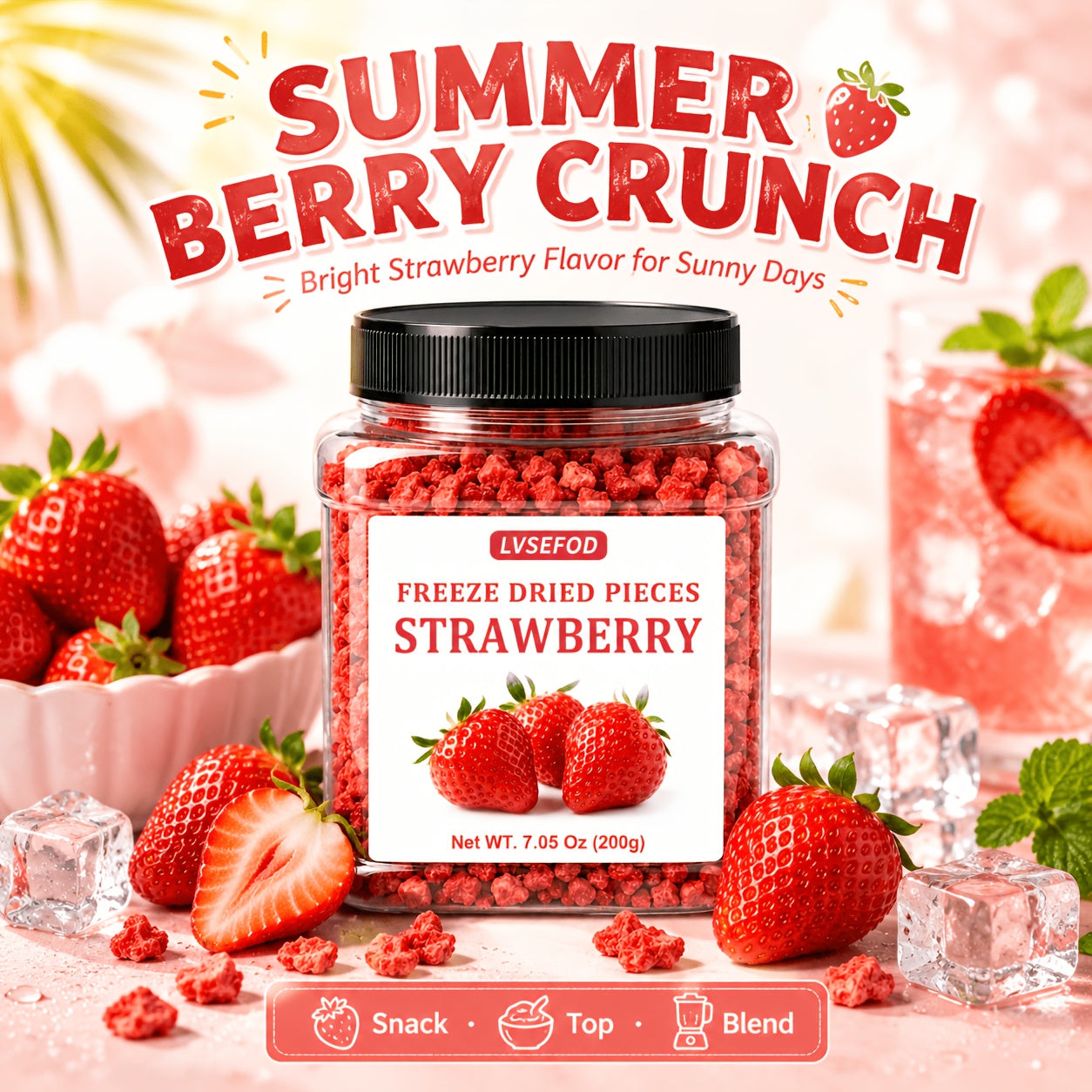 LVSEFOD Freeze Dried Strawberry Pieces, 7.05 oz / 200g, Crispy Dried Strawberry Fruit Bits, Strawberry Topping for Yogurt, Oatmeal, Cereal, Smoothies, Baking and Desserts