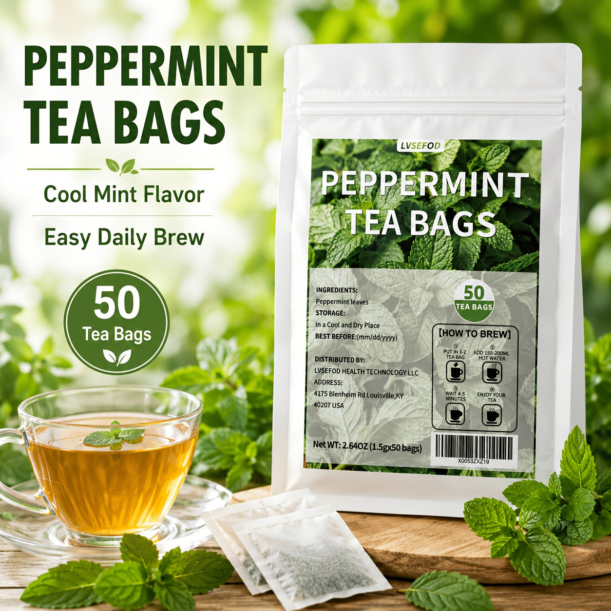 LVSEFOD Lemon Balm Tea Bags, 50 Count, 2.64 oz, Single Herb Herbal Tea Bags, Easy Hot Brew Botanical Tea for Daily Tea Time