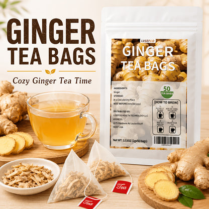 LVSEFOD Ginger Tea Bags, 50 Count, 3.53 oz, Single Ingredient Ginger Herbal Tea Bags, Easy Hot Brew Tea for Daily Tea Time