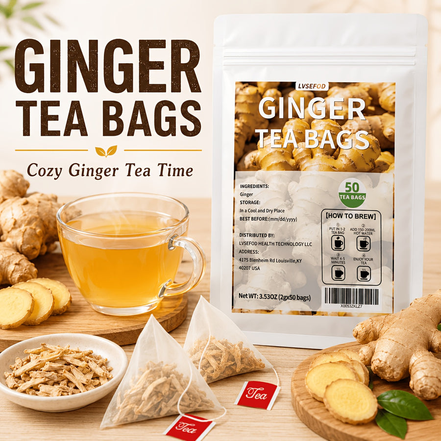 LVSEFOD Ginger Tea Bags, 50 Count, 3.53 oz, Single Ingredient Ginger Herbal Tea Bags, Easy Hot Brew Tea for Daily Tea Time