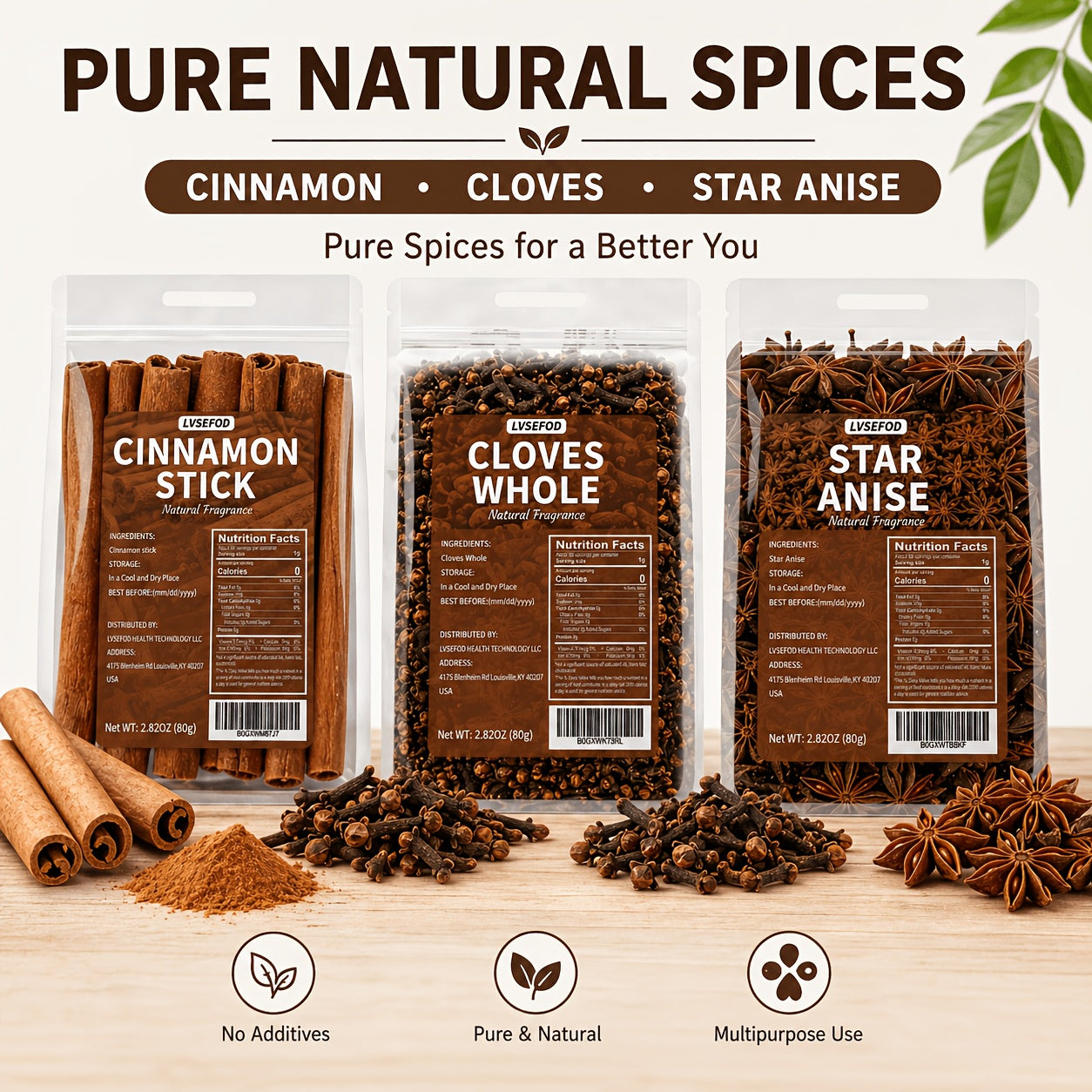 LVSEFOD Spice Combo Set, Cinnamon Sticks, Whole Cloves & Star Anise, 3 Pack, 2.82 oz Each, Total 8.46 oz, Whole Spices for Cooking, Baking, Tea, Beverages, Curry, Stews and Marinades