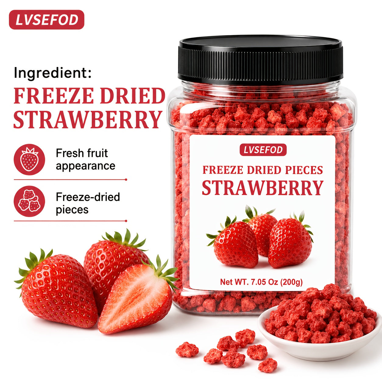 LVSEFOD Freeze Dried Strawberry Pieces, 7.05 oz / 200g, Crispy Dried Strawberry Fruit Bits, Strawberry Topping for Yogurt, Oatmeal, Cereal, Smoothies, Baking and Desserts