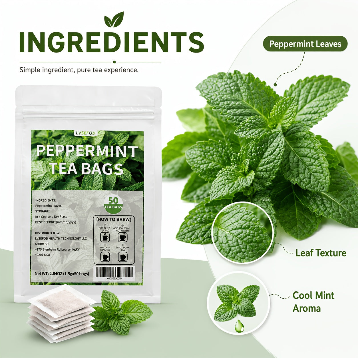 LVSEFOD Lemon Balm Tea Bags, 50 Count, 2.64 oz, Single Herb Herbal Tea Bags, Easy Hot Brew Botanical Tea for Daily Tea Time