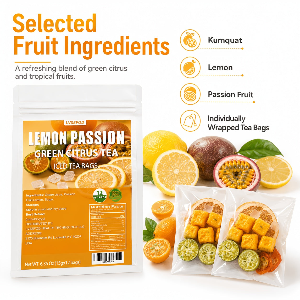 LVSEFOD Premium Freeze-Dried Lemon Passion Fruit Tea, Fruit Tea, 6.35 Oz (15G X 12 Packets), Made with Lemon, Passion Fruit, And Kumquat. A Healthy, Natural Fruit Tea, Perfect for Summer Cold Brewing. Ideal As A Gift