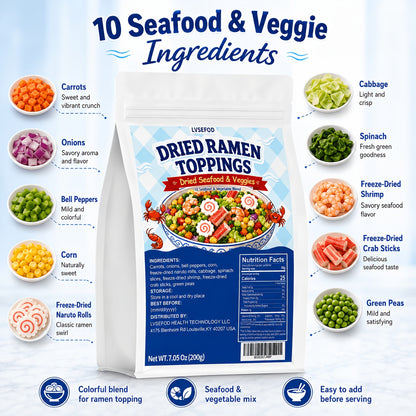 LVSEFOD Dried Ramen Topping Pantry Pack, 7.05oz/200g Seafood Mix with 10 Ingredients - Shrimp, Crab Sticks, Naruto Rolls, Vegetables - Ready to Top Noodles, Soup