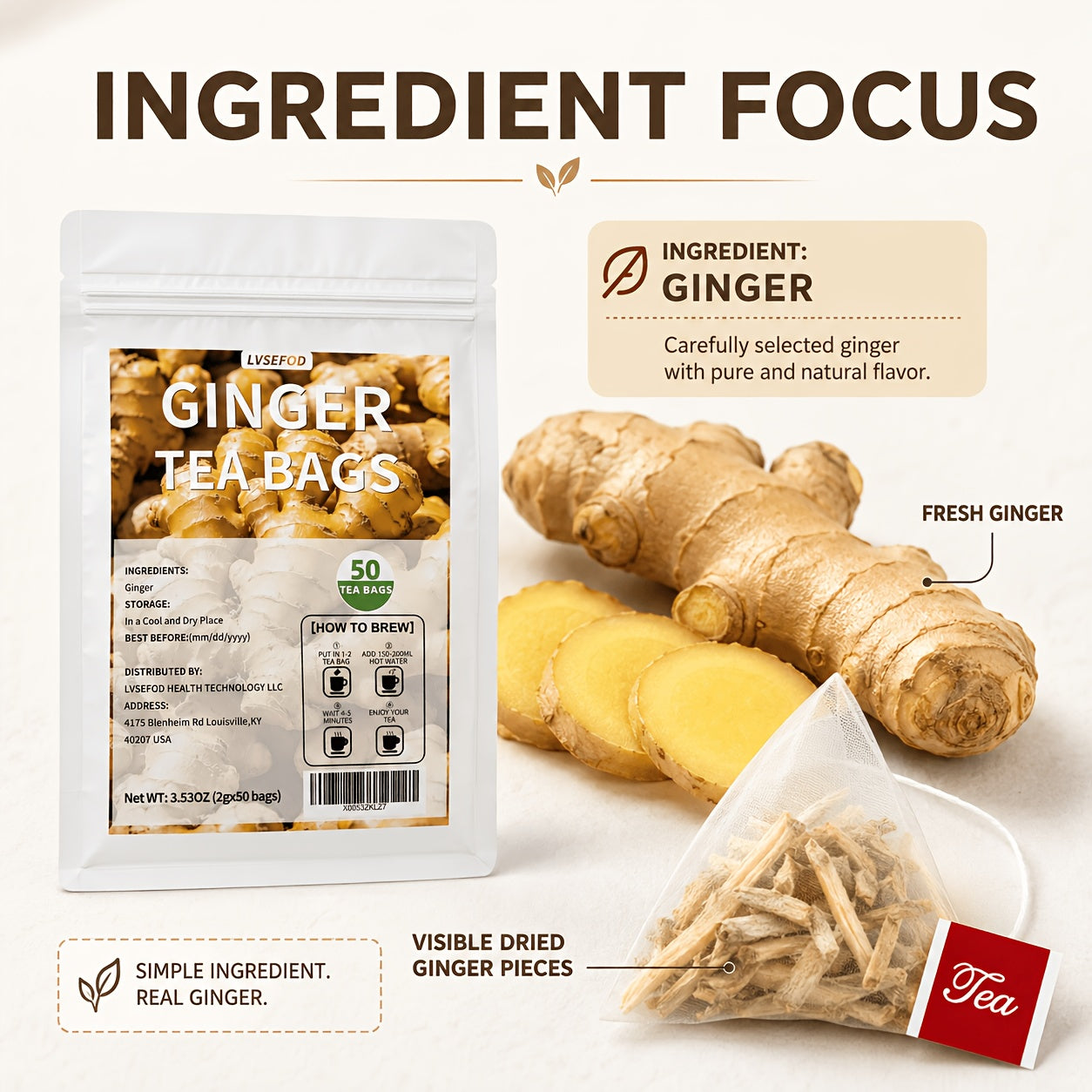 LVSEFOD Ginger Tea Bags, 50 Count, 3.53 oz, Single Ingredient Ginger Herbal Tea Bags, Easy Hot Brew Tea for Daily Tea Time