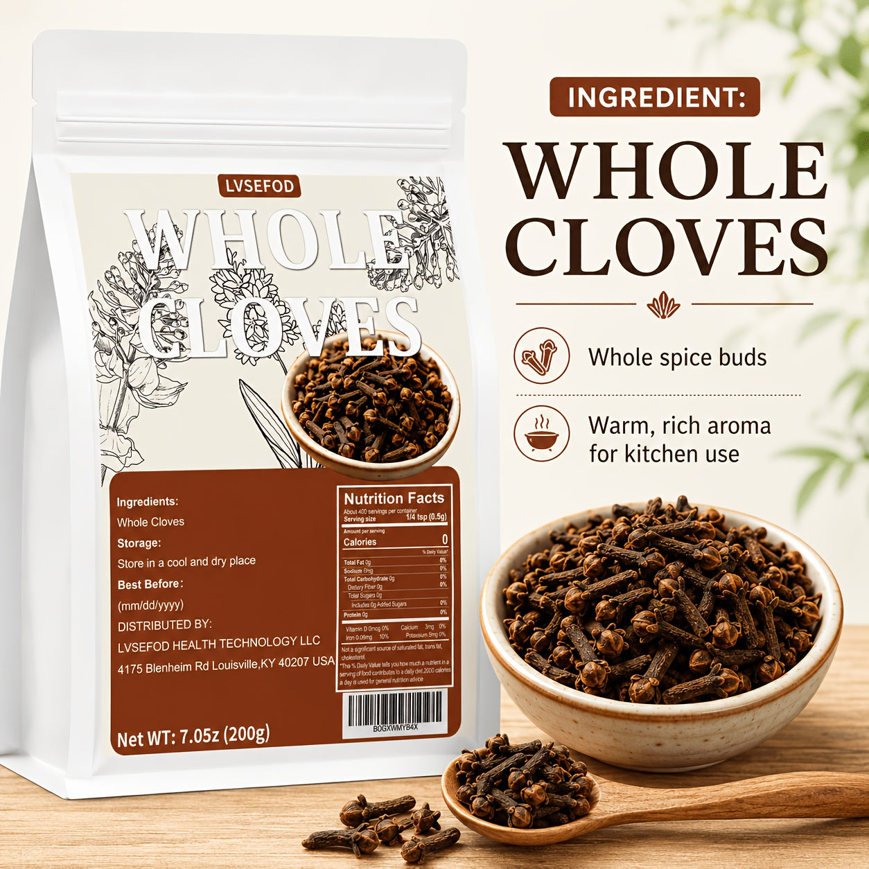 LVSEFOD Whole Cloves, 7.05 oz / 200g, Whole Clove Spice Buds, Aromatic Kitchen Spice for Cooking, Baking, Tea, Curry, Marinades, Stews and Desserts