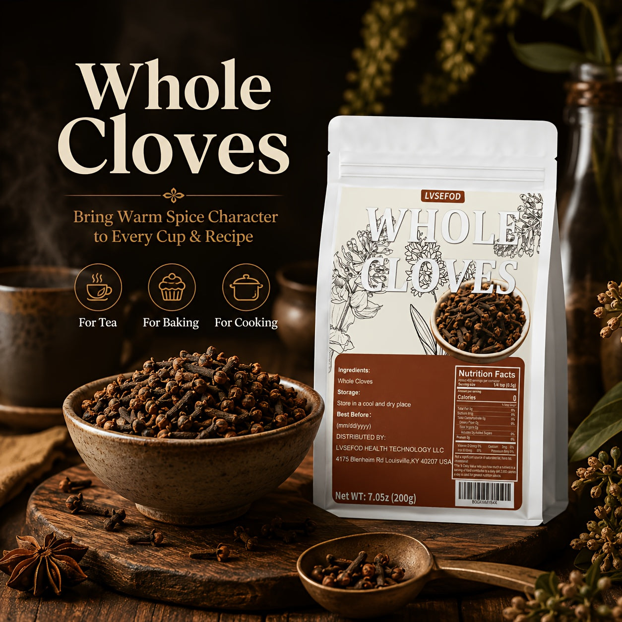 LVSEFOD Whole Cloves, 7.05 oz / 200g, Whole Clove Spice Buds, Aromatic Kitchen Spice for Cooking, Baking, Tea, Curry, Marinades, Stews and Desserts