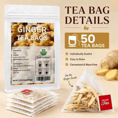 LVSEFOD Ginger Tea Bags, 50 Count, 3.53 oz, Single Ingredient Ginger Herbal Tea Bags, Easy Hot Brew Tea for Daily Tea Time