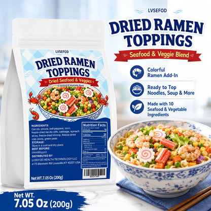 LVSEFOD Dried Ramen Topping Pantry Pack, 7.05oz/200g Seafood Mix with 10 Ingredients - Shrimp, Crab Sticks, Naruto Rolls, Vegetables - Ready to Top Noodles, Soup