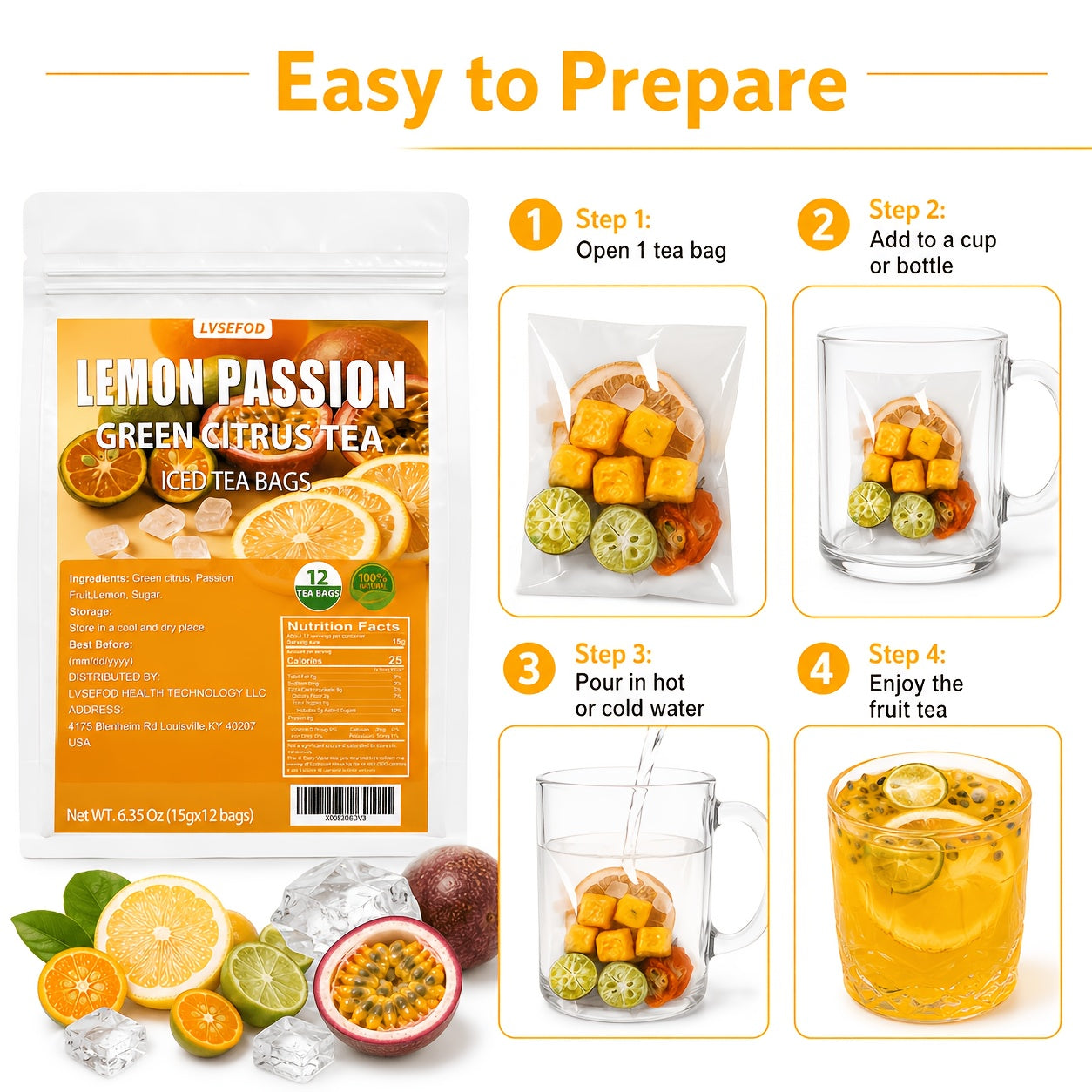 LVSEFOD Premium Freeze-Dried Lemon Passion Fruit Tea, Fruit Tea, 6.35 Oz (15G X 12 Packets), Made with Lemon, Passion Fruit, And Kumquat. A Healthy, Natural Fruit Tea, Perfect for Summer Cold Brewing. Ideal As A Gift