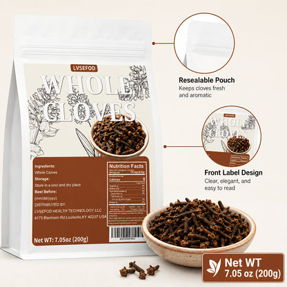 LVSEFOD Whole Cloves, 7.05 oz / 200g, Whole Clove Spice Buds, Aromatic Kitchen Spice for Cooking, Baking, Tea, Curry, Marinades, Stews and Desserts
