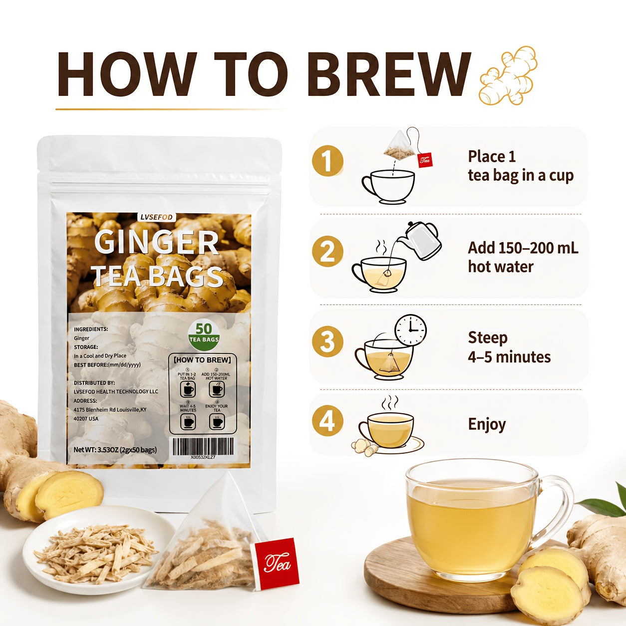 LVSEFOD Ginger Tea Bags, 50 Count, 3.53 oz, Single Ingredient Ginger Herbal Tea Bags, Easy Hot Brew Tea for Daily Tea Time