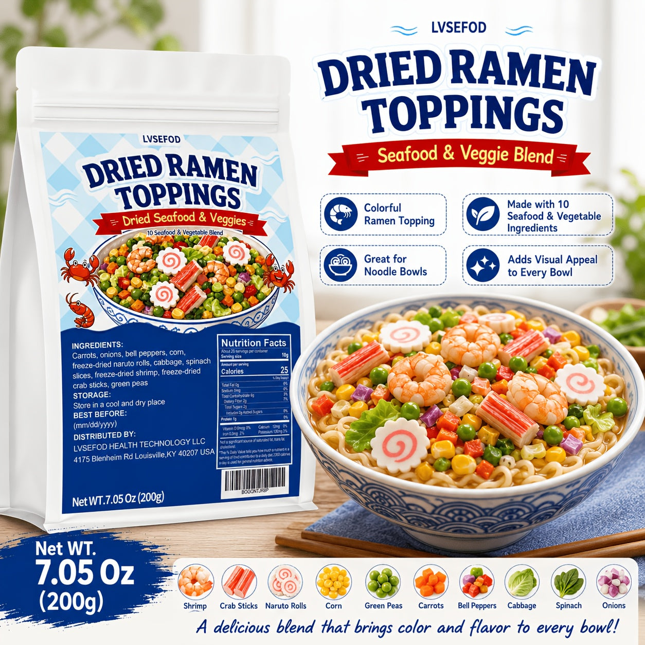 LVSEFOD Dried Ramen Topping Pantry Pack, 7.05oz/200g Seafood Mix with 10 Ingredients - Shrimp, Crab Sticks, Naruto Rolls, Vegetables - Ready to Top Noodles, Soup