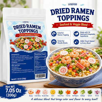 LVSEFOD Dried Ramen Topping Pantry Pack, 7.05oz/200g Seafood Mix with 10 Ingredients - Shrimp, Crab Sticks, Naruto Rolls, Vegetables - Ready to Top Noodles, Soup