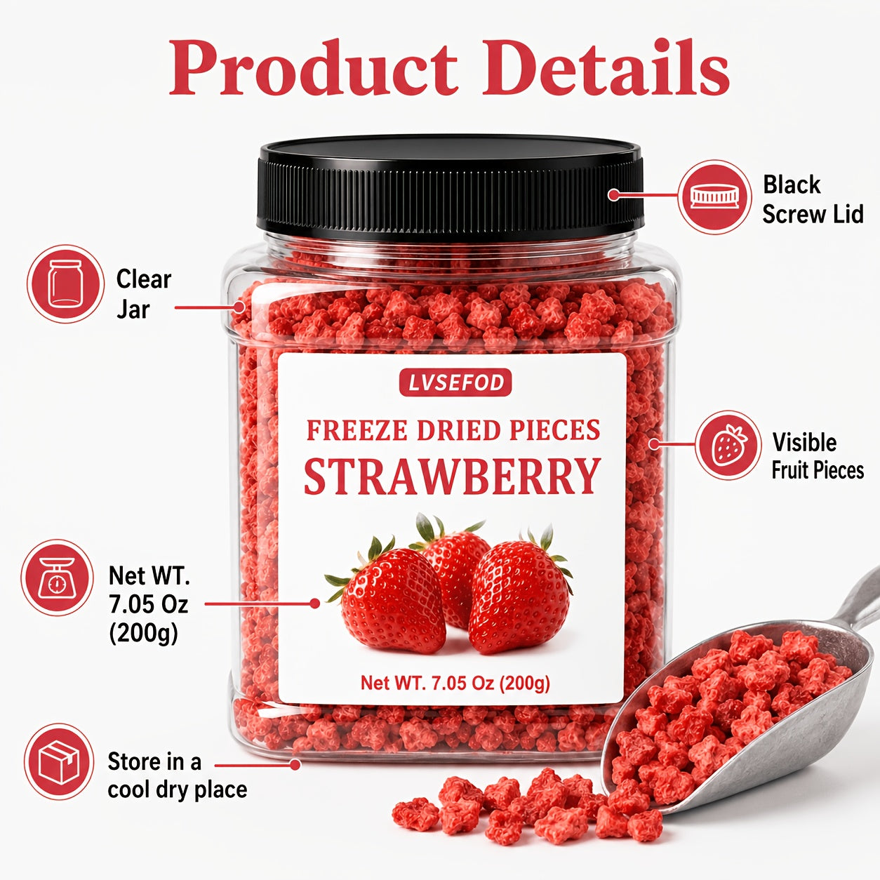 LVSEFOD Freeze Dried Strawberry Pieces, 7.05 oz / 200g, Crispy Dried Strawberry Fruit Bits, Strawberry Topping for Yogurt, Oatmeal, Cereal, Smoothies, Baking and Desserts