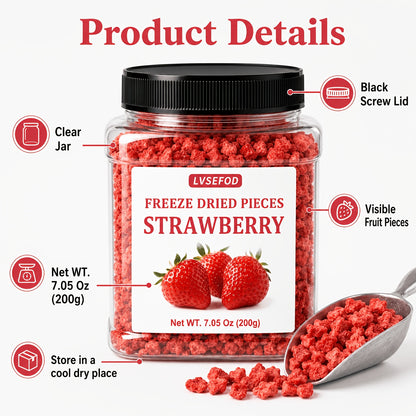 LVSEFOD Freeze Dried Strawberry Pieces, 7.05 oz / 200g, Crispy Dried Strawberry Fruit Bits, Strawberry Topping for Yogurt, Oatmeal, Cereal, Smoothies, Baking and Desserts