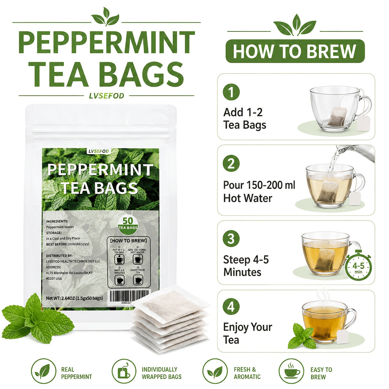 LVSEFOD Lemon Balm Tea Bags, 50 Count, 2.64 oz, Single Herb Herbal Tea Bags, Easy Hot Brew Botanical Tea for Daily Tea Time