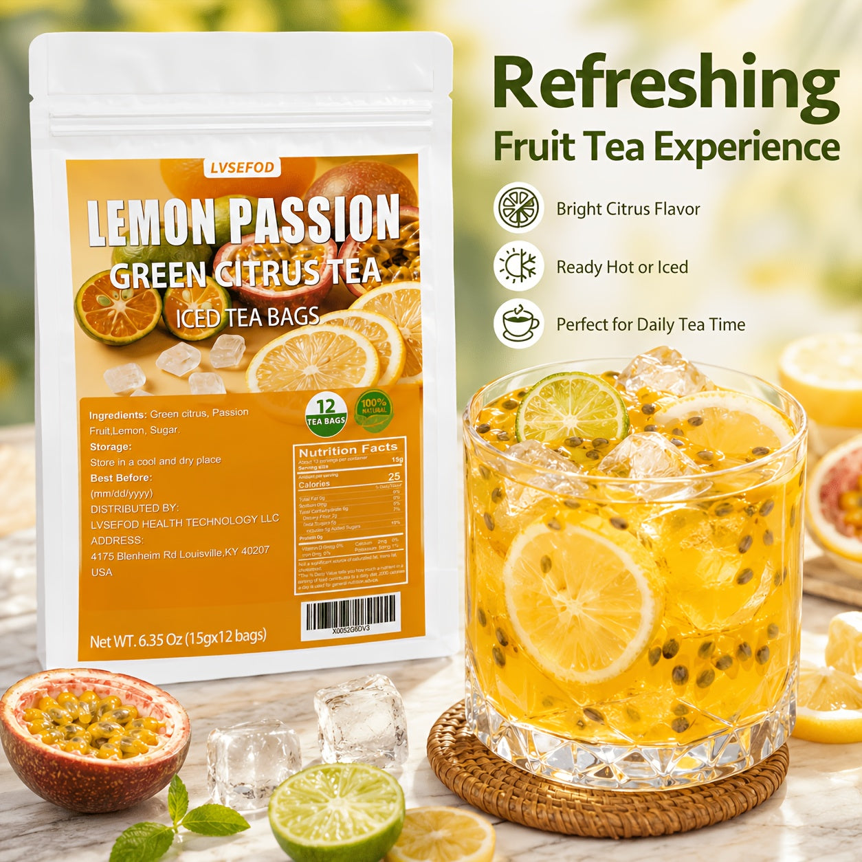LVSEFOD Premium Freeze-Dried Lemon Passion Fruit Tea, Fruit Tea, 6.35 Oz (15G X 12 Packets), Made with Lemon, Passion Fruit, And Kumquat. A Healthy, Natural Fruit Tea, Perfect for Summer Cold Brewing. Ideal As A Gift