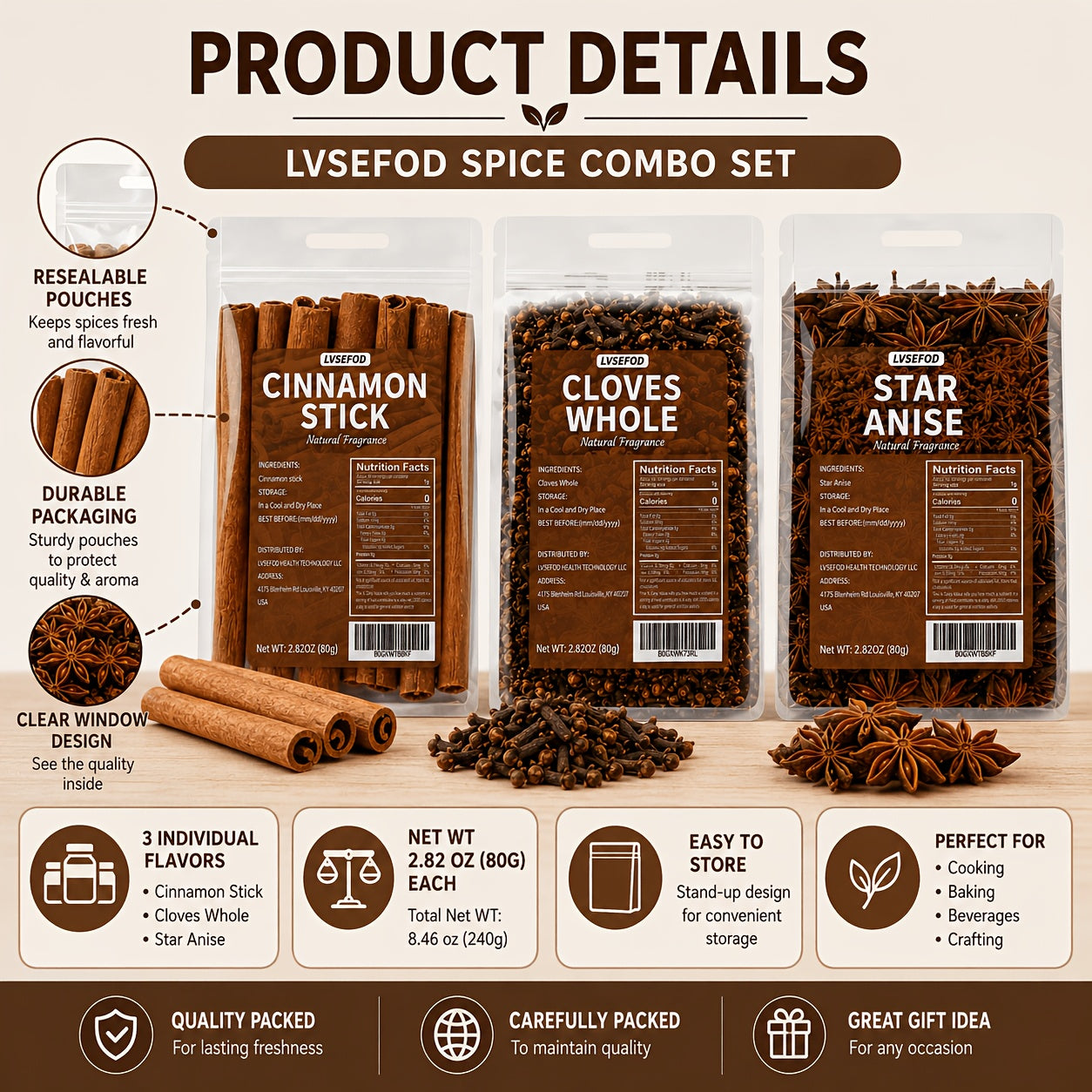 LVSEFOD Spice Combo Set, Cinnamon Sticks, Whole Cloves & Star Anise, 3 Pack, 2.82 oz Each, Total 8.46 oz, Whole Spices for Cooking, Baking, Tea, Beverages, Curry, Stews and Marinades