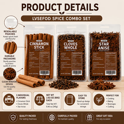 LVSEFOD Spice Combo Set, Cinnamon Sticks, Whole Cloves & Star Anise, 3 Pack, 2.82 oz Each, Total 8.46 oz, Whole Spices for Cooking, Baking, Tea, Beverages, Curry, Stews and Marinades