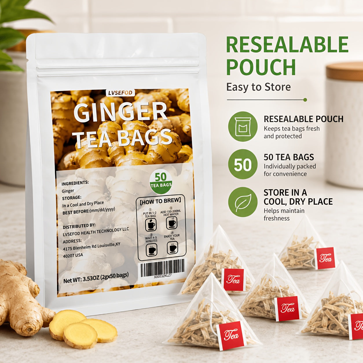 LVSEFOD Ginger Tea Bags, 50 Count, 3.53 oz, Single Ingredient Ginger Herbal Tea Bags, Easy Hot Brew Tea for Daily Tea Time