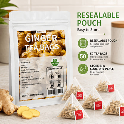 LVSEFOD Ginger Tea Bags, 50 Count, 3.53 oz, Single Ingredient Ginger Herbal Tea Bags, Easy Hot Brew Tea for Daily Tea Time