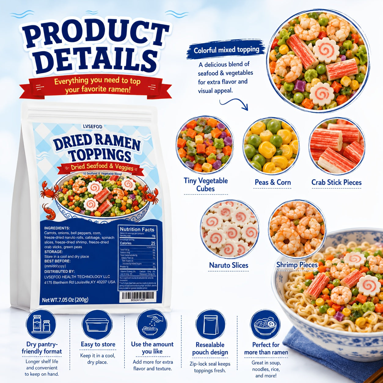 LVSEFOD Dried Ramen Topping Pantry Pack, 7.05oz/200g Seafood Mix with 10 Ingredients - Shrimp, Crab Sticks, Naruto Rolls, Vegetables - Ready to Top Noodles, Soup