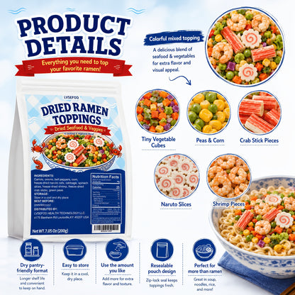 LVSEFOD Dried Ramen Topping Pantry Pack, 7.05oz/200g Seafood Mix with 10 Ingredients - Shrimp, Crab Sticks, Naruto Rolls, Vegetables - Ready to Top Noodles, Soup