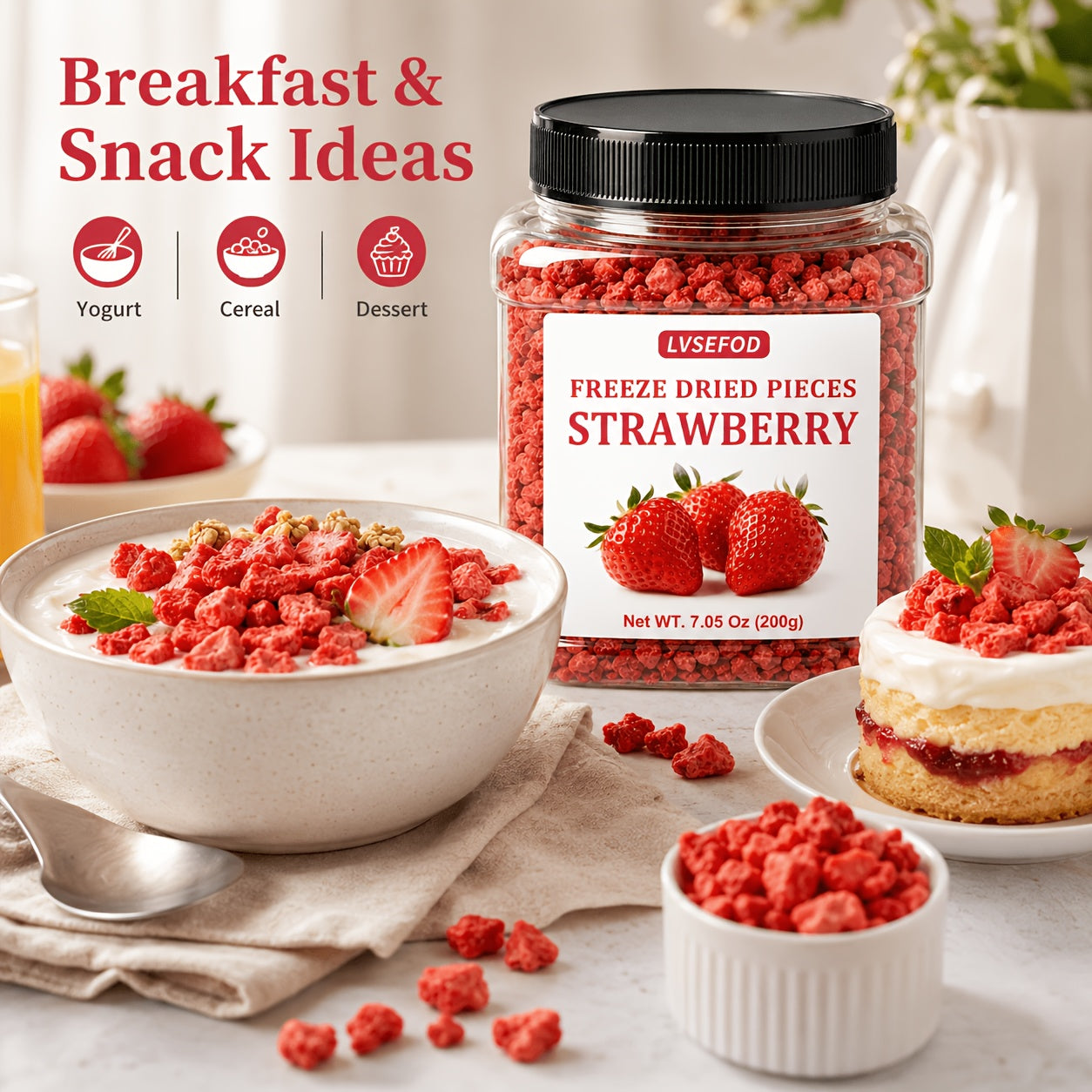 LVSEFOD Freeze Dried Strawberry Pieces, 7.05 oz / 200g, Crispy Dried Strawberry Fruit Bits, Strawberry Topping for Yogurt, Oatmeal, Cereal, Smoothies, Baking and Desserts