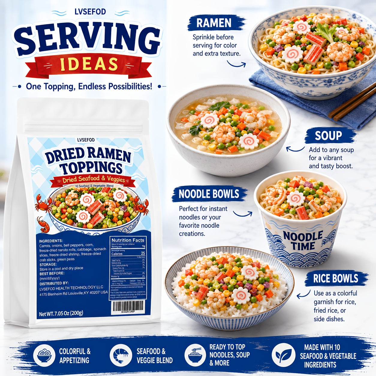 LVSEFOD Dried Ramen Topping Pantry Pack, 7.05oz/200g Seafood Mix with 10 Ingredients - Shrimp, Crab Sticks, Naruto Rolls, Vegetables - Ready to Top Noodles, Soup