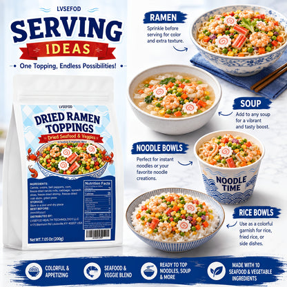 LVSEFOD Dried Ramen Topping Pantry Pack, 7.05oz/200g Seafood Mix with 10 Ingredients - Shrimp, Crab Sticks, Naruto Rolls, Vegetables - Ready to Top Noodles, Soup