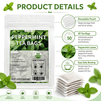 LVSEFOD Lemon Balm Tea Bags, 50 Count, 2.64 oz, Single Herb Herbal Tea Bags, Easy Hot Brew Botanical Tea for Daily Tea Time