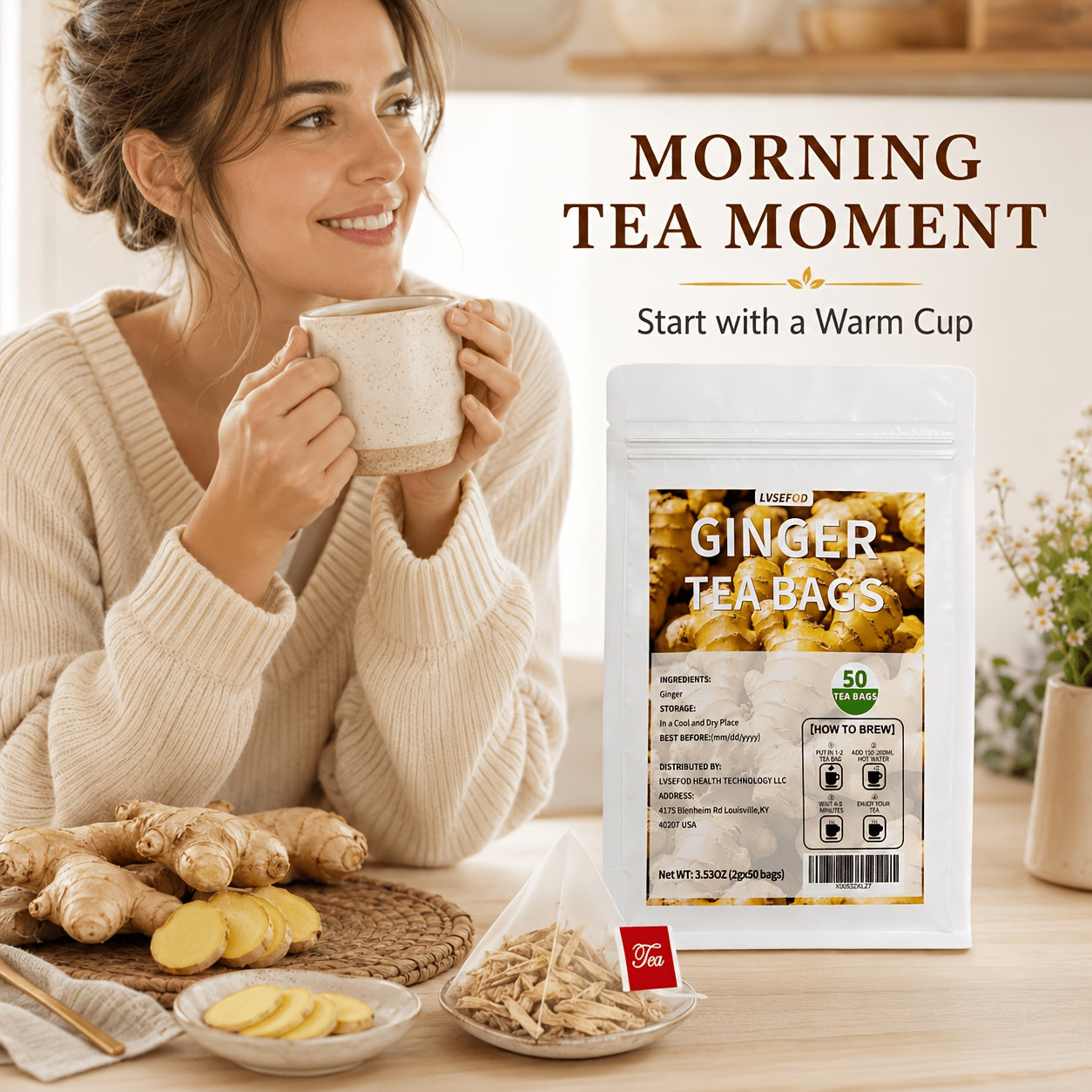 LVSEFOD Ginger Tea Bags, 50 Count, 3.53 oz, Single Ingredient Ginger Herbal Tea Bags, Easy Hot Brew Tea for Daily Tea Time