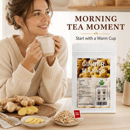 LVSEFOD Ginger Tea Bags, 50 Count, 3.53 oz, Single Ingredient Ginger Herbal Tea Bags, Easy Hot Brew Tea for Daily Tea Time