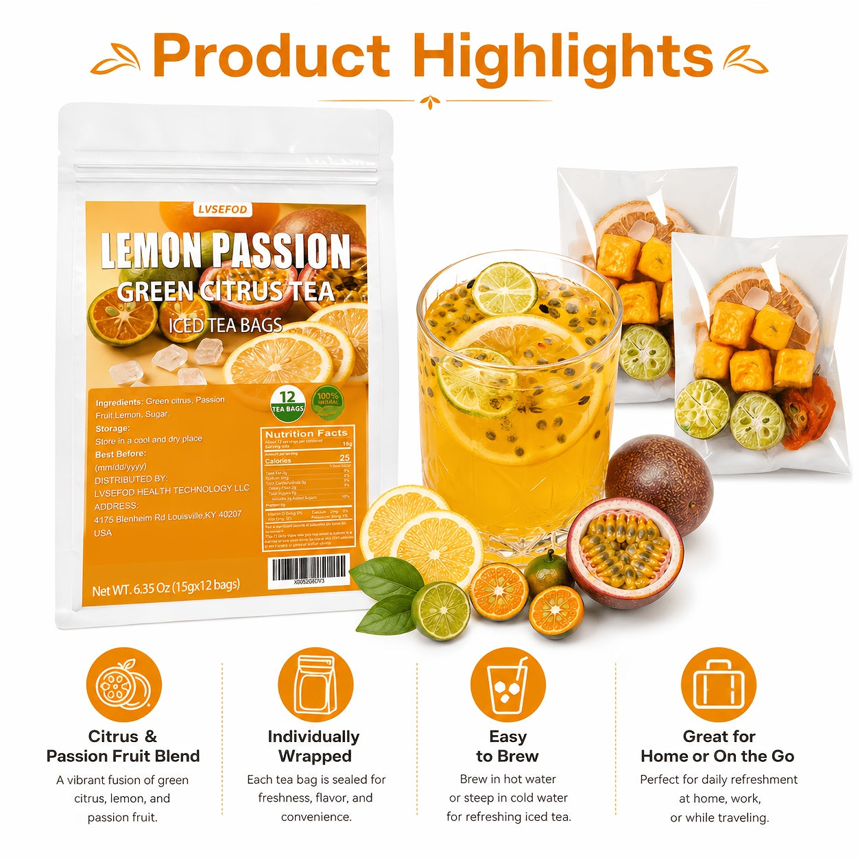 LVSEFOD Premium Freeze-Dried Lemon Passion Fruit Tea, Fruit Tea, 6.35 Oz (15G X 12 Packets), Made with Lemon, Passion Fruit, And Kumquat. A Healthy, Natural Fruit Tea, Perfect for Summer Cold Brewing. Ideal As A Gift