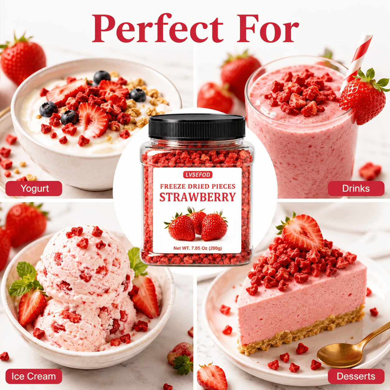 LVSEFOD Freeze Dried Strawberry Pieces, 7.05 oz / 200g, Crispy Dried Strawberry Fruit Bits, Strawberry Topping for Yogurt, Oatmeal, Cereal, Smoothies, Baking and Desserts