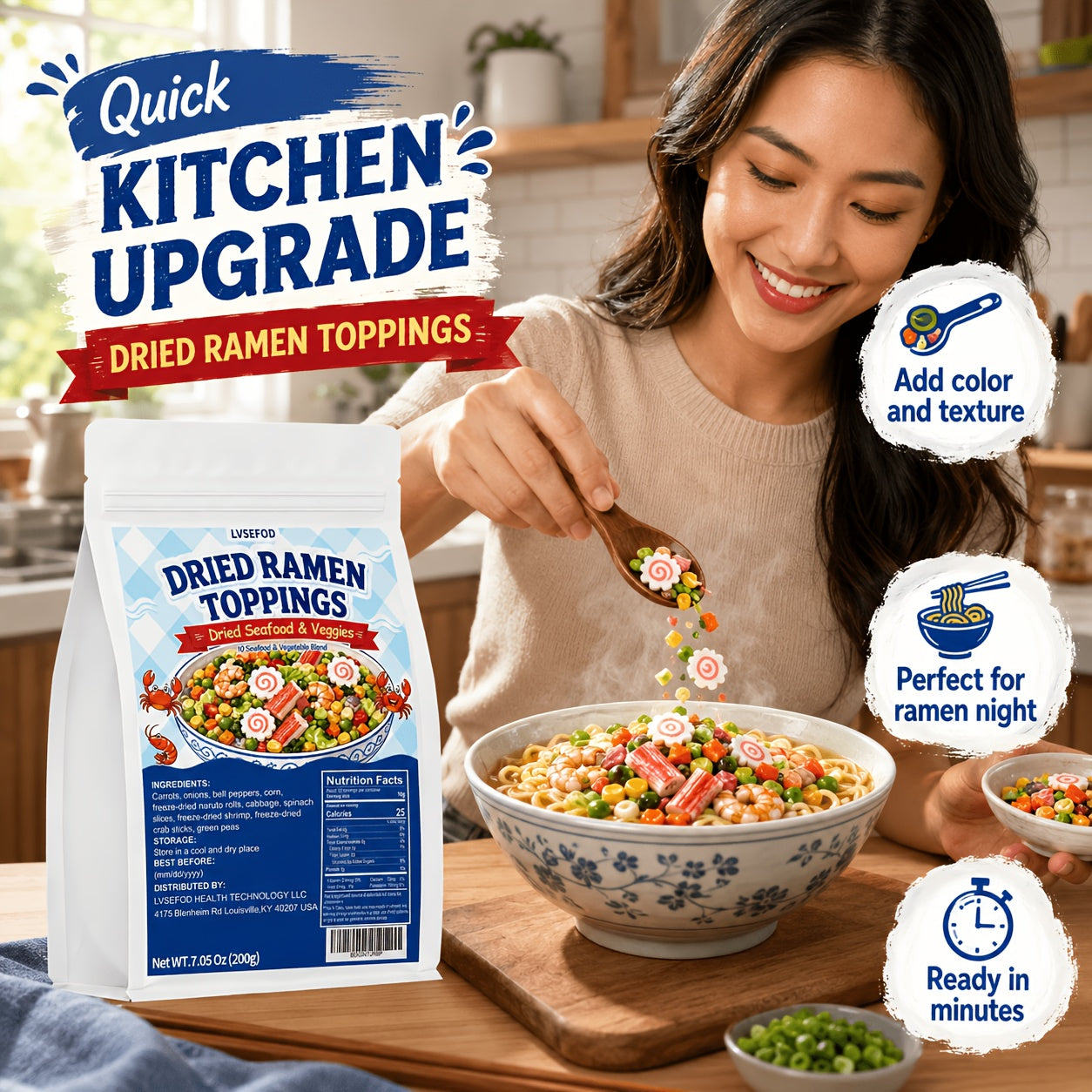 LVSEFOD Dried Ramen Topping Pantry Pack, 7.05oz/200g Seafood Mix with 10 Ingredients - Shrimp, Crab Sticks, Naruto Rolls, Vegetables - Ready to Top Noodles, Soup