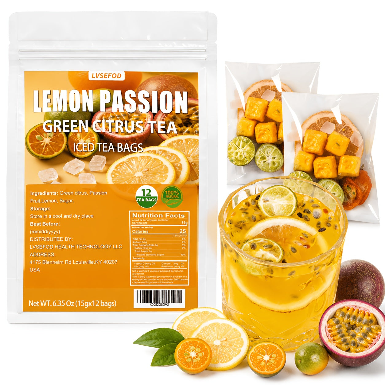 LVSEFOD Premium Freeze-Dried Lemon Passion Fruit Tea, Fruit Tea, 6.35 Oz (15G X 12 Packets), Made with Lemon, Passion Fruit, And Kumquat. A Healthy, Natural Fruit Tea, Perfect for Summer Cold Brewing. Ideal As A Gift