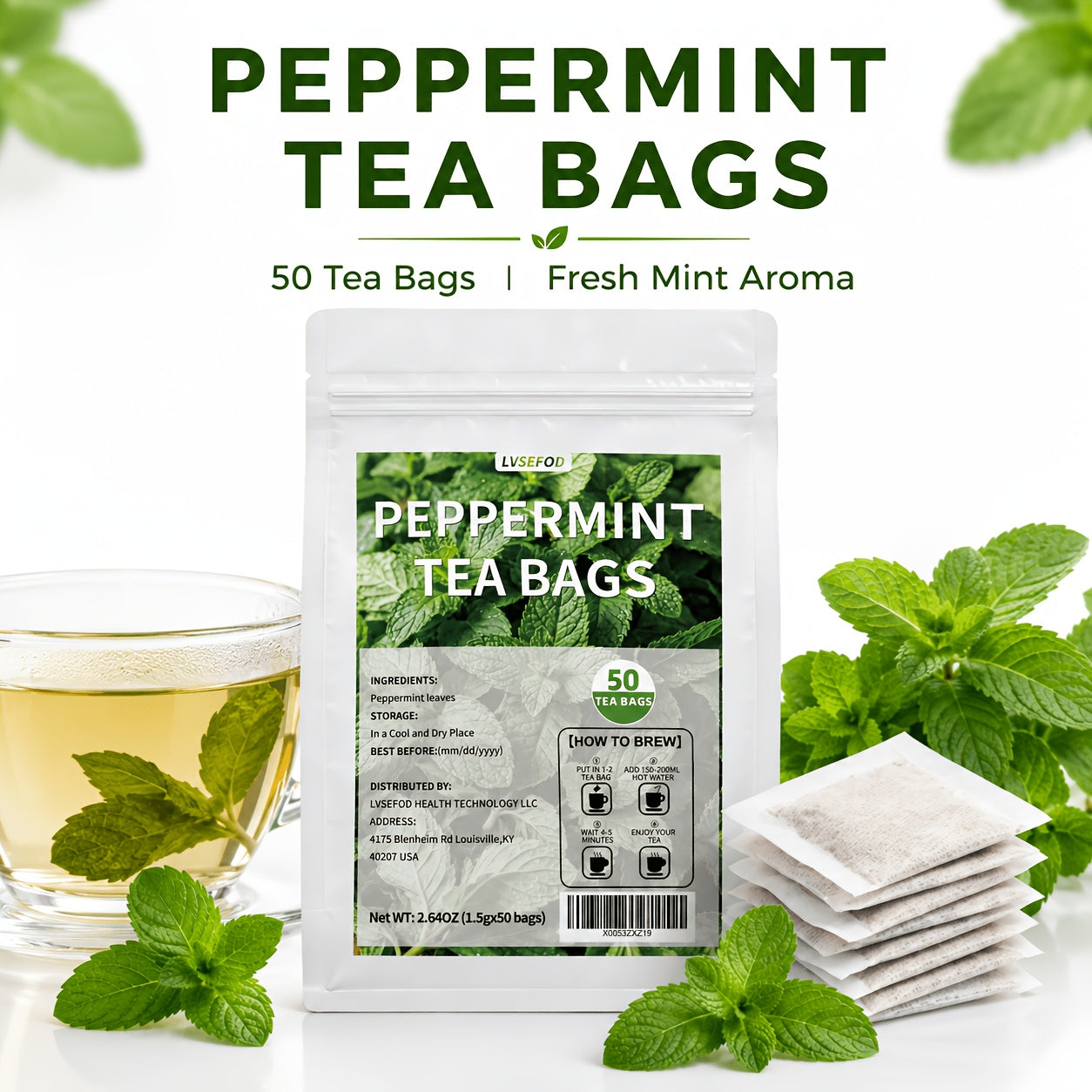LVSEFOD Lemon Balm Tea Bags, 50 Count, 2.64 oz, Single Herb Herbal Tea Bags, Easy Hot Brew Botanical Tea for Daily Tea Time