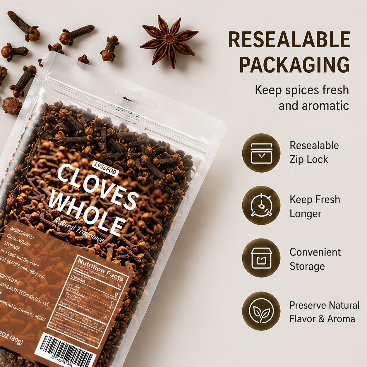 LVSEFOD Spice Combo Set, Cinnamon Sticks, Whole Cloves & Star Anise, 3 Pack, 2.82 oz Each, Total 8.46 oz, Whole Spices for Cooking, Baking, Tea, Beverages, Curry, Stews and Marinades