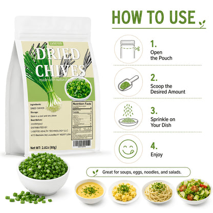 LVSEFOD Premium Dried Chives Spice - Naturally Dehydrated, Moisture-Resistant Sealed Bags, Flavor-Boosting Seasoning for Quick Meals, Daily Cooking, Egg Dishes, Ramen, Vegetable Soup, Outdoor Camping, Finishing Touch Tip: Keep in a Cool and Dry Place, Ble